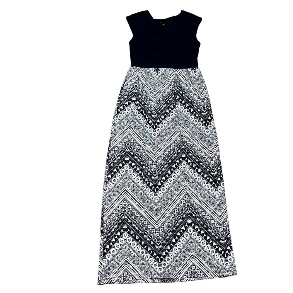 AB Studio Knit Maxi Dress Women's 6 Navy Blue Print Sleeveless Stretchy Boho